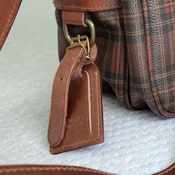 Vintage Polo Ralph Lauren Brown Coated Canvas Plaid Crossbody Bag Satchel Travel - Picture 9 of 12